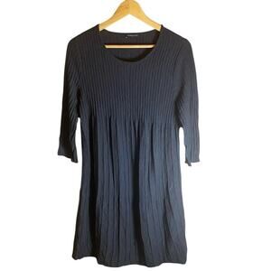 Eileen Fisher Black Ribbed Pleated 100% Wool 3/4 Sleeve Dress Size PS